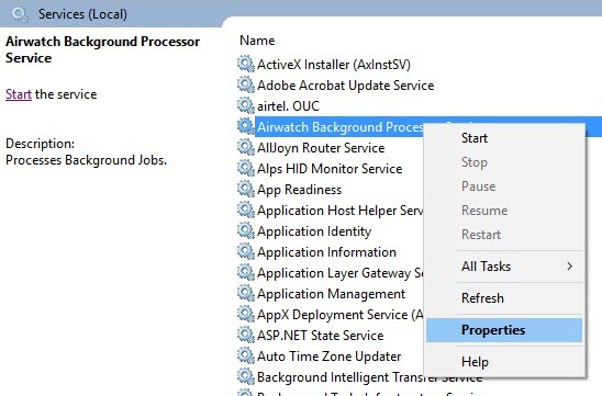 This screenshot shows the Services app with the Airwatch Background Processor Service highlighted. This screenshot shows the Services app with the Airwatch Background Processor Service highlighted.