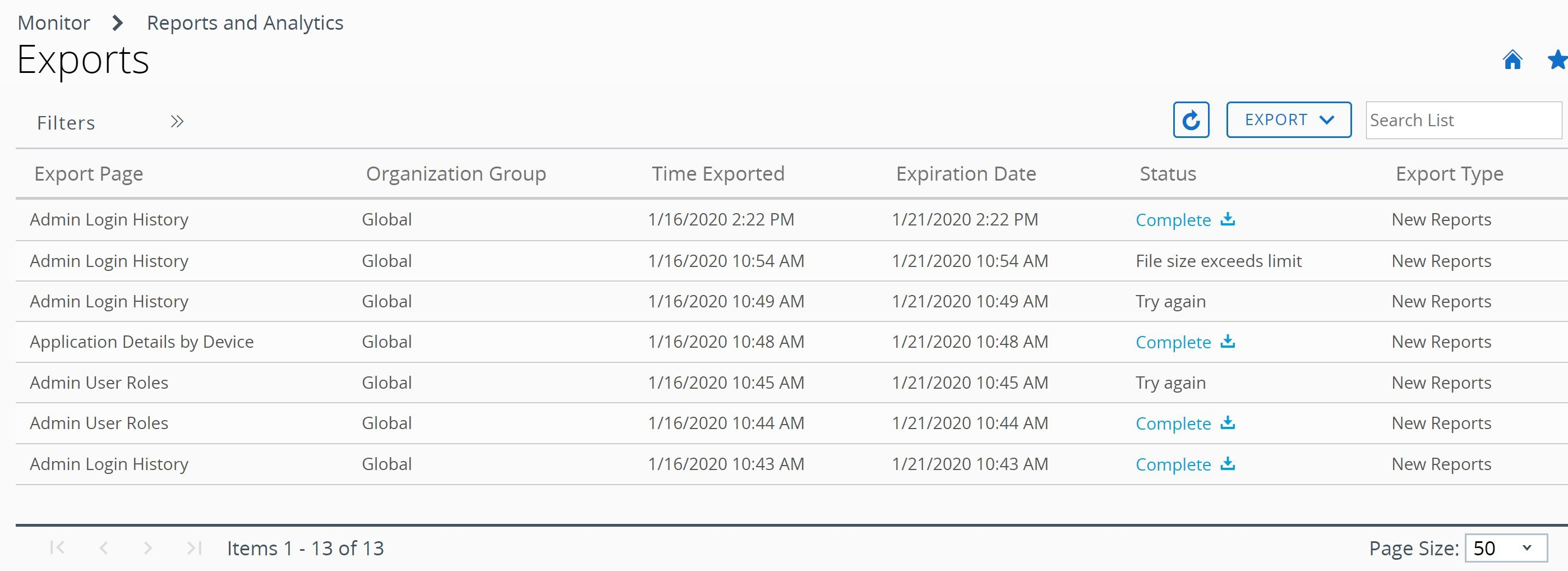 This screenshot displays the Exports screen for Reports and Analytics, showing all the reports by name, their OG, date & time exported and expired, status, and type.