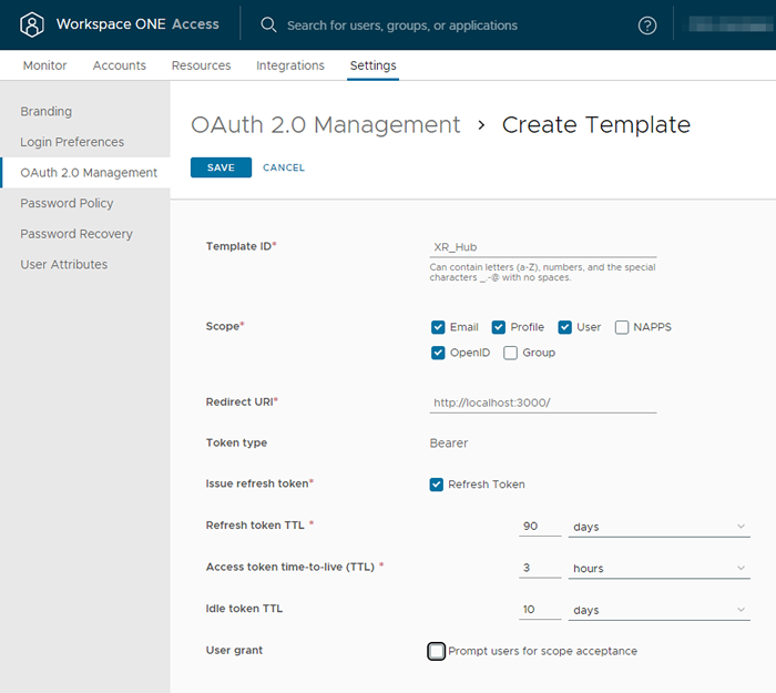 This screenshot shows the Create Template screen, enabling you to define a template for remote app access.