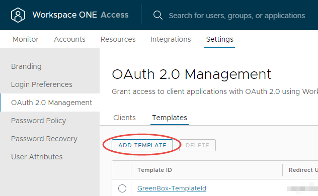 This screenshot shows the Templates tab in OAuth 2.0 management Settings in Workspace ONE Access console, with the Add Template button highlighted.
