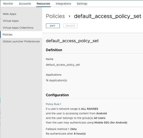 This screenshot shows the Access resources policies screen which enables you to add new policy rules.