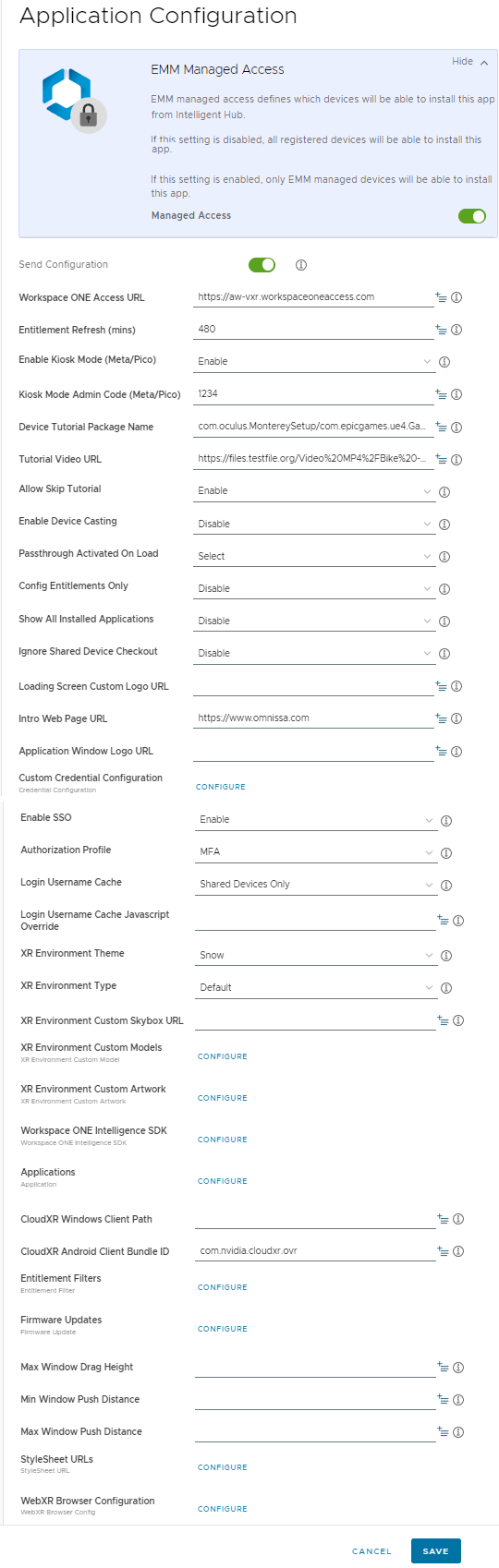 This screenshot shows the entire Application Configuration screen including all options.
