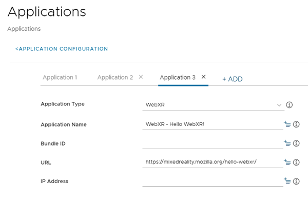 This screenshot shows the Applications screen, which you use to manually define native apps, web apps, WebXR and remote XR apps to appear in the XR Hub application.