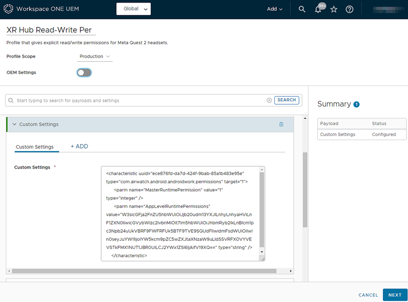 This screenshot shows the Android device profile config screen with code specifically designed to grant Meta Quest devices read-write capabilities.