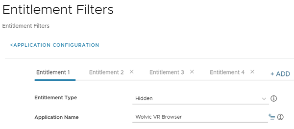 This screenshot shows the Entitlement Filters screen, which you use to identify which apps should be hidden or shown in the XR Hub application.