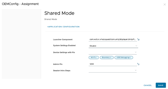 This screen is the Shared Mode screen for OEMConfig - Assignment, displaying all the options to configre shared mode for your headset.