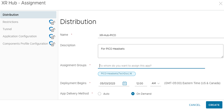 This screenshot shows the distribution tab for the application assignment screen in UEM.