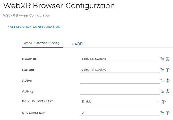 This partial screenshot shows the WebXR Browser Configuration screen, which enables you to define your preferred 3rd party browser, in this case Wolvic VR Browser, for launching WebXR applications.