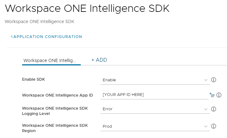 This screenshot shows the Workspace ONE Intelligence SDK application configuration screen for XR Hub, which you use to configure XR Hub to report user events to Intelligence.