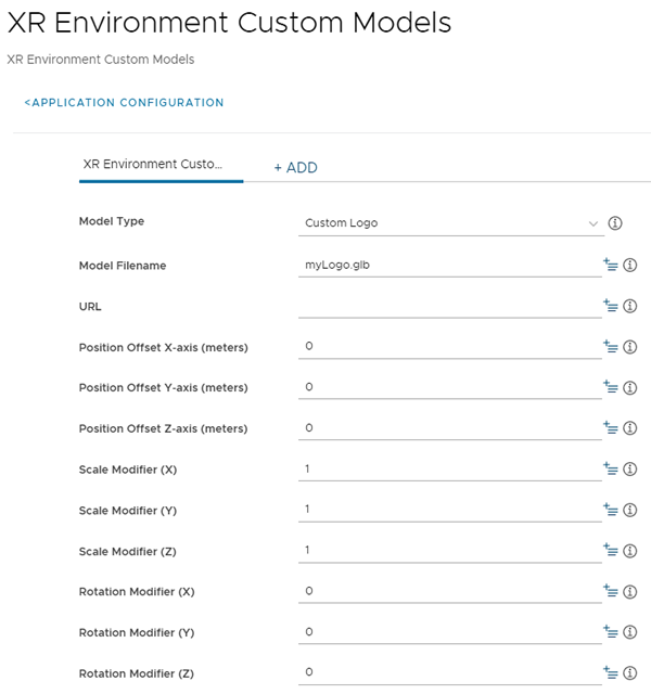 This screenshot shows the XR Environment Custom Models screen, which you use to configure a custom 3D environment or custom 3D logo for XR Hub.