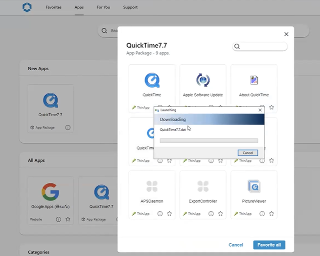 The image shows the user portal Apps tab, with a progress bar indicating that the QuickTime 7.7 application is downloading.