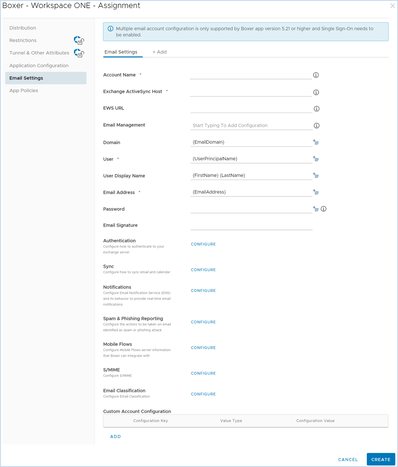 Screenshot of Workspace ONE Boxer Assignment page on Workspace ONE UEM Console. The Assignment page contains several tabs such as Distribution, Restrictions, Tunnel, and Other Attributes, Application Configuration, Email Settings, and App Policies. These tabs have various settings that are required for configuring Workspace ONE Boxer. Screenshot displays configurations of the Email Settings tab. Screenshot of Workspace ONE Boxer Assignment page on Workspace ONE UEM Console. The Assignment page contains several tabs such as Distribution, Restrictions, Tunnel, and Other Attributes, Application Configuration, Email Settings, and App Policies. These tabs have various settings that are required for configuring Workspace ONE Boxer. Screenshot displays configurations of the Email Settings tab.