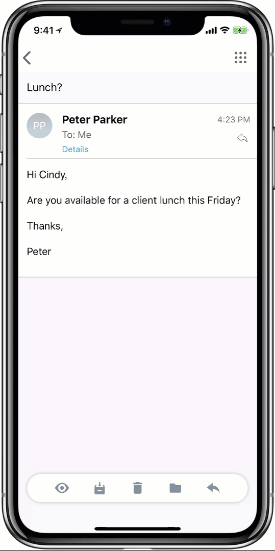 GIF of Workspace ONE Boxer screen on an iOS device. GIF displays the Quick Reply option and selecting a response from the existing templates without tapping Reply or Send. GIF of Workspace ONE Boxer screen on an iOS device. GIF displays the Quick Reply option and selecting a response from the existing templates without tapping Reply or Send.