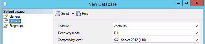 New Database screen showing the optins to select.