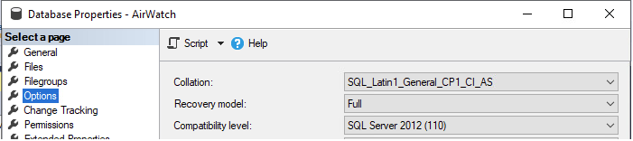 New Database screen showing the optins to select.