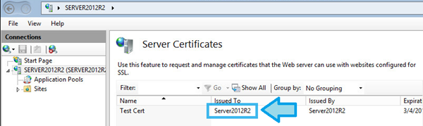 The Server Certificates screen listing available certificates. The Server Certificates screen listing available certificates.