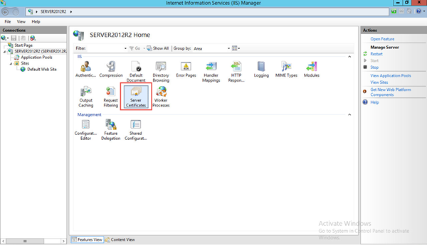 Internet Information Services Manager with Server Certificates selected.