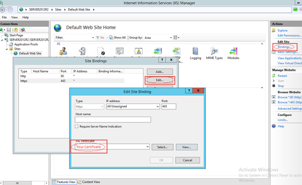 The Edit Site Binding screen where you verify your SSL Certificate. The Edit Site Binding screen where you verify your SSL Certificate.