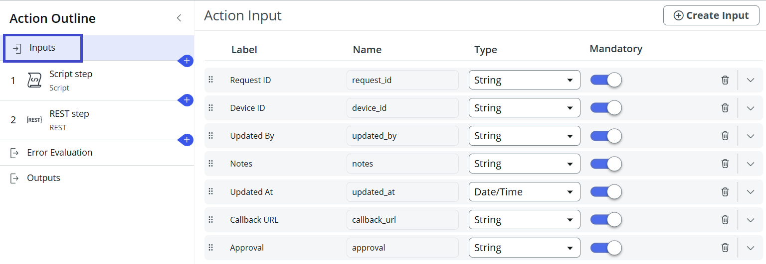 Add the listed inputs to your approval/rejection action.