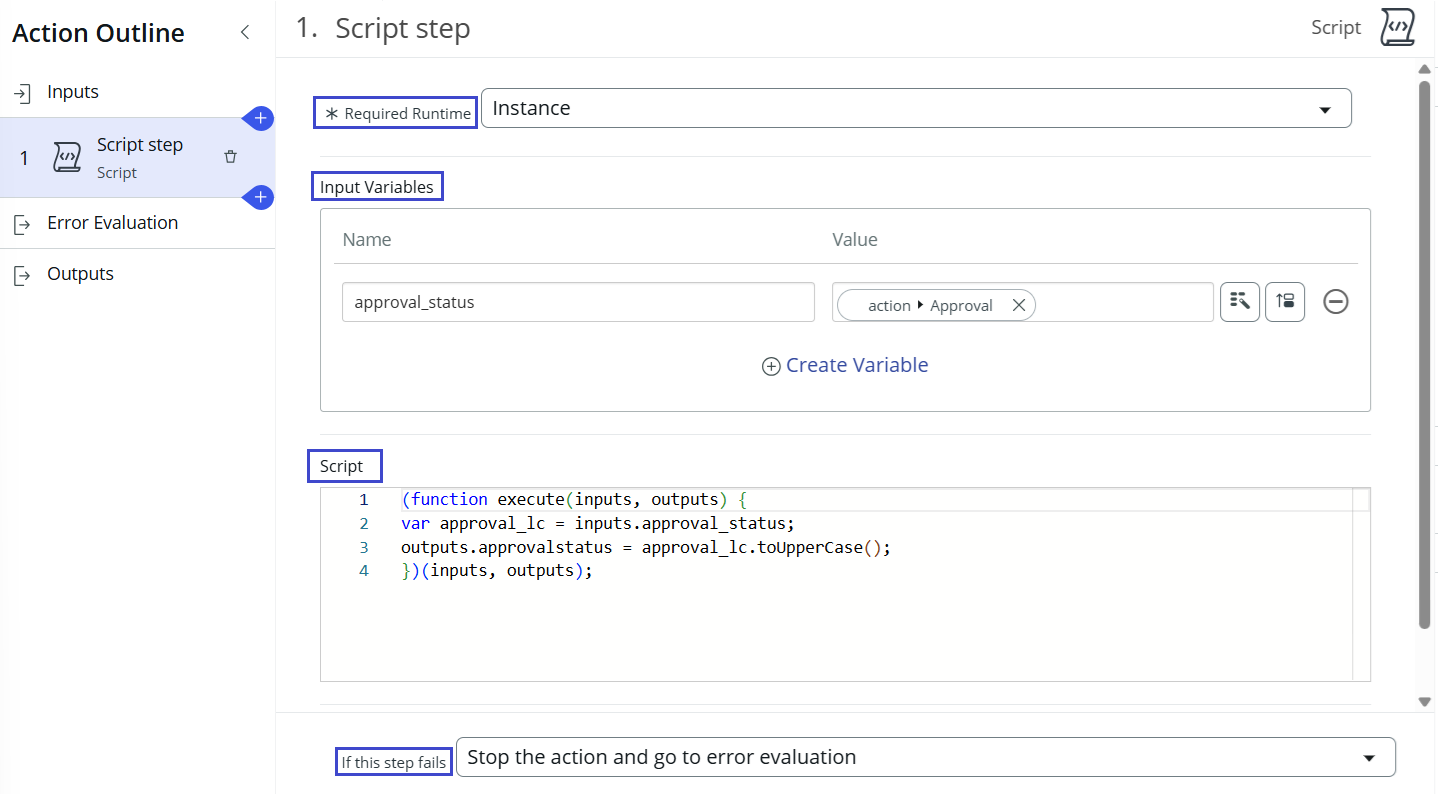 Add the script step to create the approval variable.