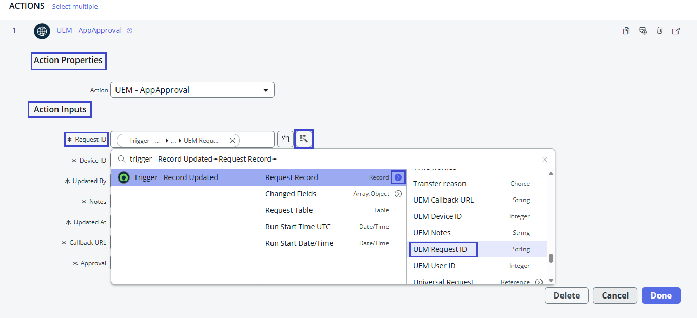 Add the custom columns from your updated Request table to the action in the flow.