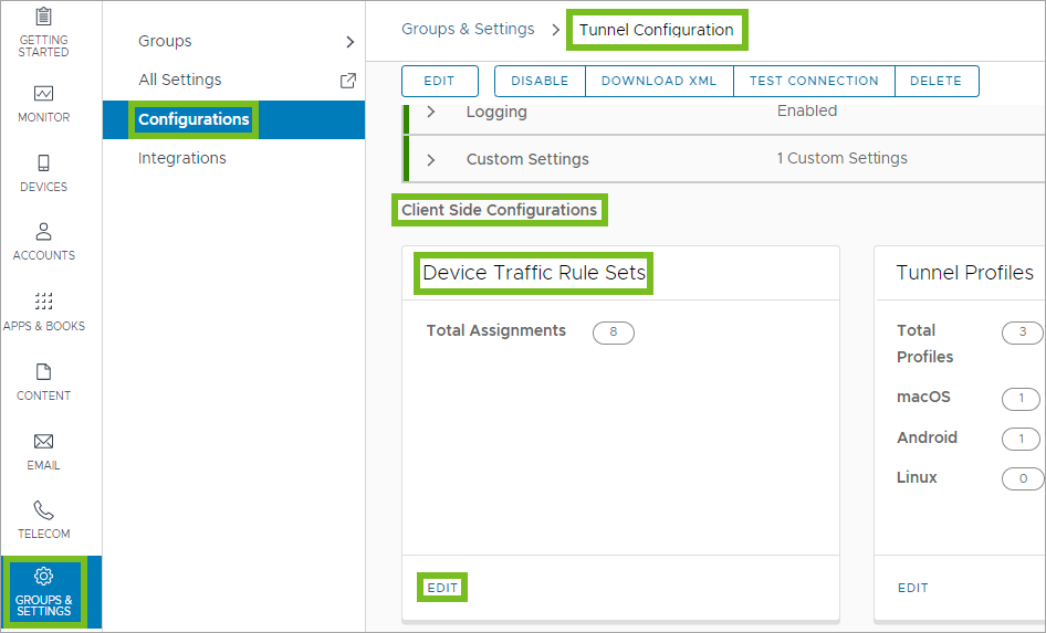 Shows the UEM Console and the navagation path to the Tunnel Configuration settings. Then it highlights the Client Side Device Traffic Rules.