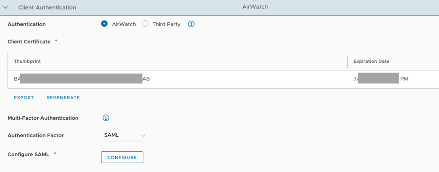 Console view of the Client Authentication screen showing SAML authentication. Console view of the Client Authentication screen showing SAML authentication.