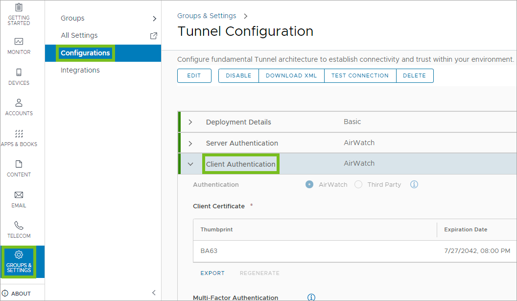 Shows the UEM console and the navagation path to the Tunnel Configuration settings. Then it highlights the Client Authentication options.