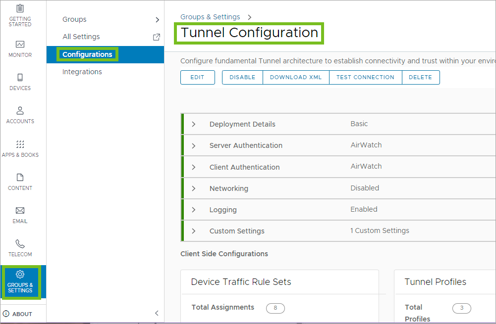 Shows the Tunnel Configuration page of the UEM console