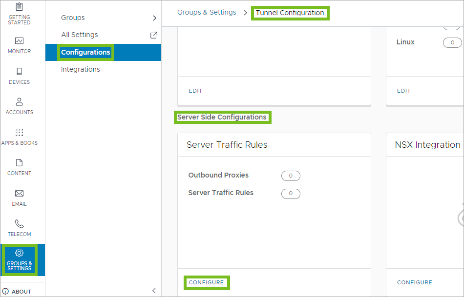 Shows the UEM Console and the navagation path to the Tunnel Configuration settings. Then it highlights the Server Side Configurations and shows the Configure button where you can make changes to the console.
