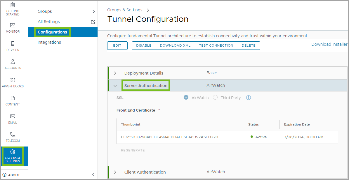 Shows the UEM Console and the navagation path to the Tunnel Configuration settings. Then it highlights the Server Authentication options.