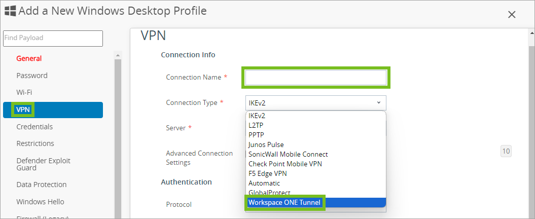 Shows the VPN configuations box in the UEM console.