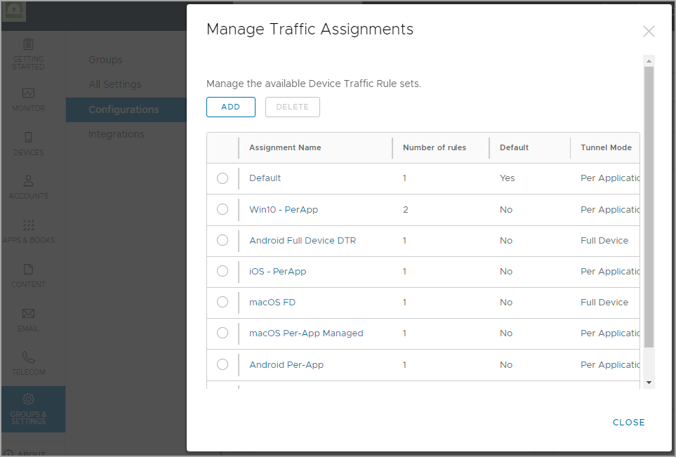 When you select to Edit the Device Traffic Rules, this box opens and allows you to manage the traffic assignments.