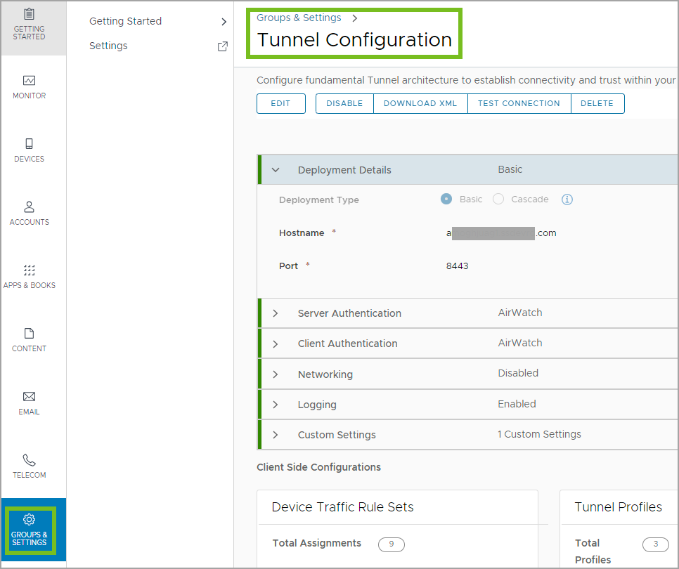 Tunnel Configuration box in the console is show
