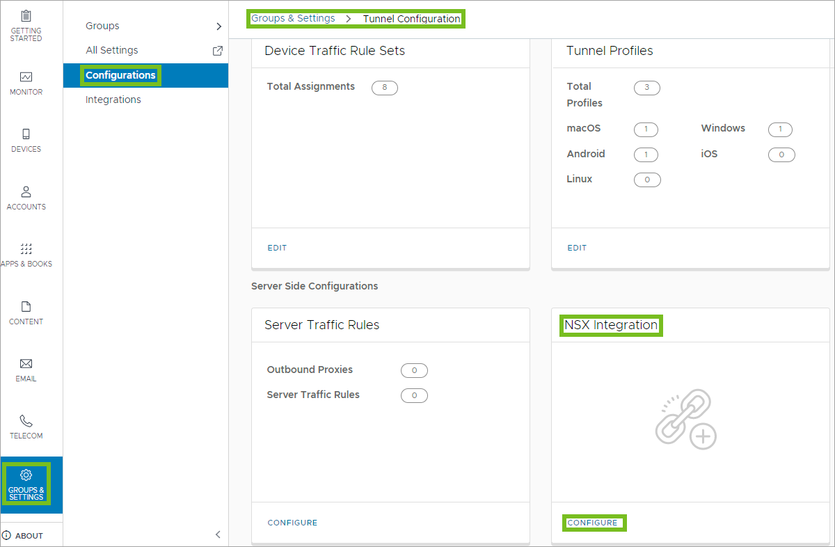 Shows the NSX Integration configuration and highlights the navigation path to the Tunnel Configuration Page.