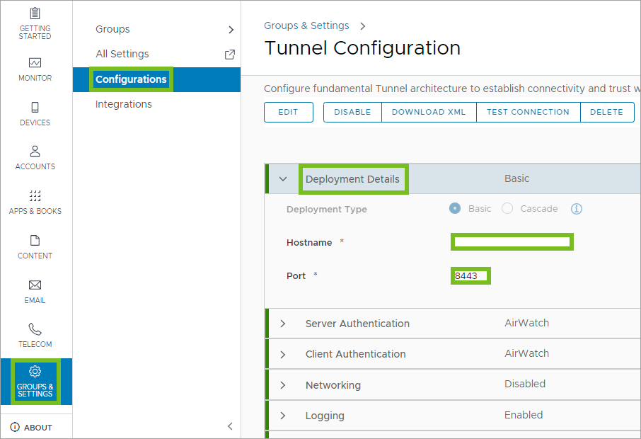 Shows the UEM Console and the navagation path to the Tunnel Configuration settings. Then it highlights the Deployment Details options.