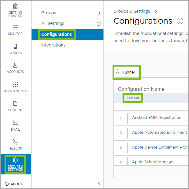 Shows the Workspace ONE UEM console and highlights the navigation path to the Tunnel Configuration Page.