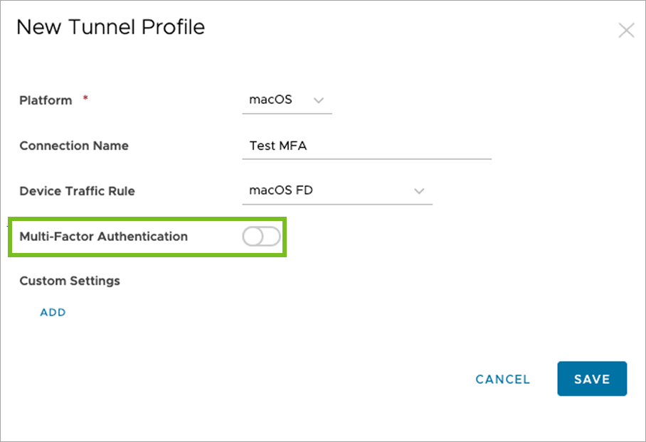 Console view of the New Tunnel Profile box showing a toggle to activate the Multi-Factor Authentication.