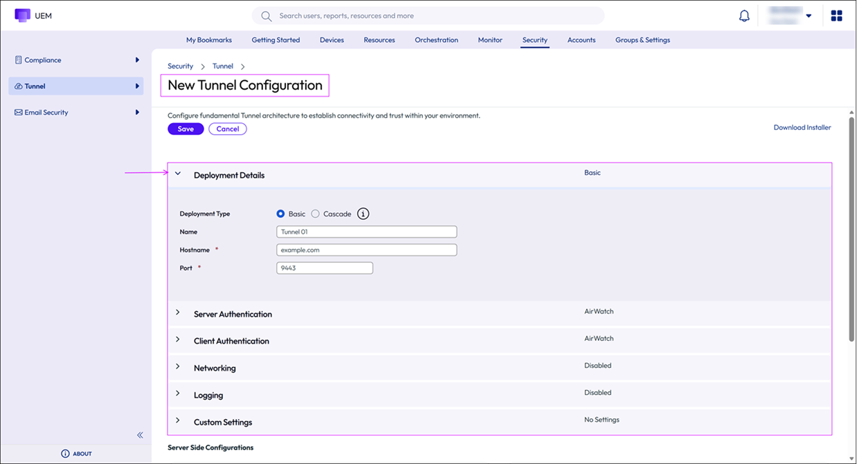 Shows the UEM Console and the navagation path to the Tunnel Configuration settings. Then it highlights the Deployment Details options.
