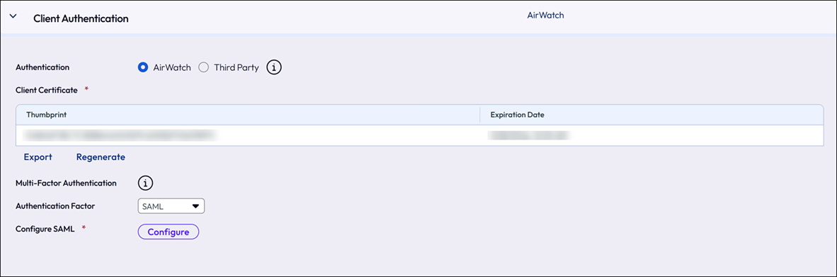 Console view of the Client Authentication screen showing SAML authentication. Console view of the Client Authentication screen showing SAML authentication.