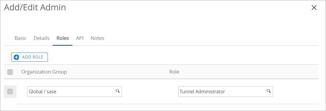 Shows add/edit Admin with Roles highlighted to use