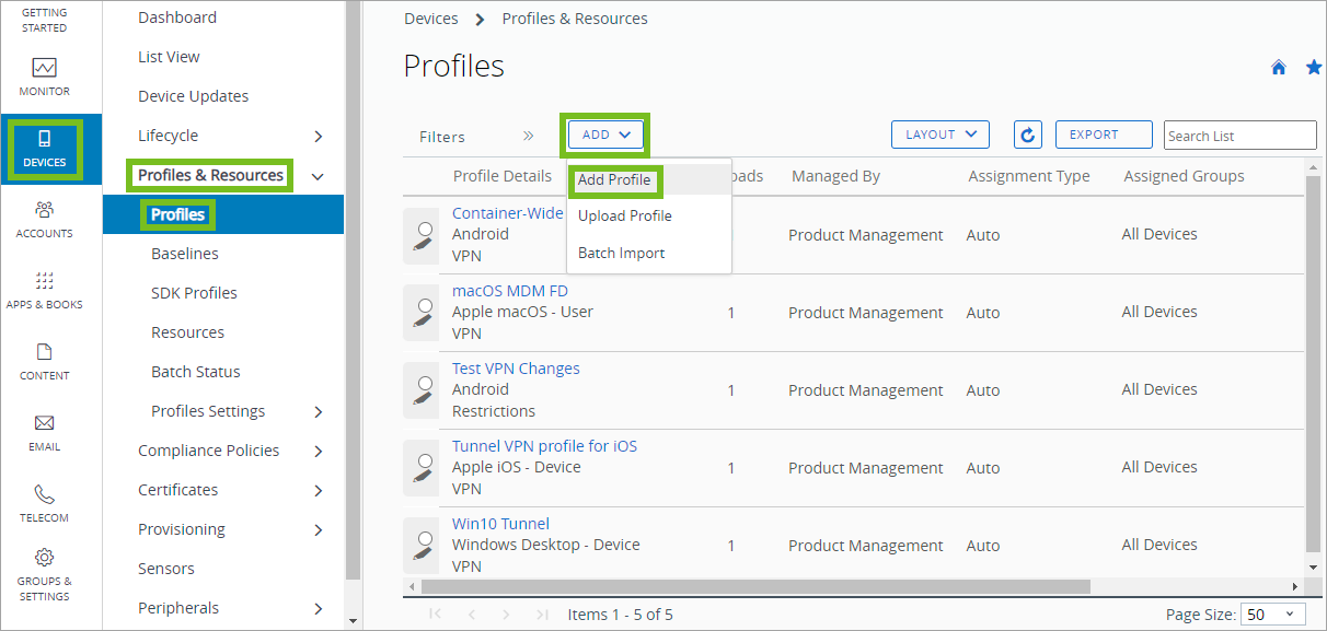Shows the navigation path to add a Windows Device Profile. Shows the navigation path to add a Windows Device Profile.