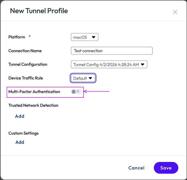 Console view of the New Tunnel Profile box showing a toggle to activate the Multi-Factor Authentication. Console view of the New Tunnel Profile box showing a toggle to activate the Multi-Factor Authentication.