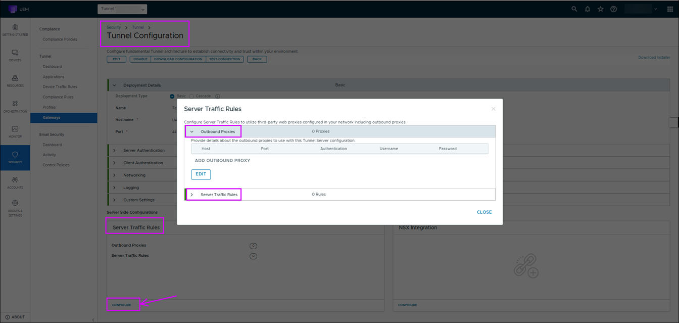 Shows the Server Traffic Rules section on UEM console
