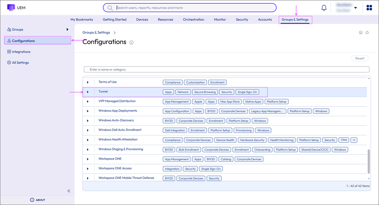 Shows the Workspace ONE UEM console and highlights the navigation path to the Tunnel Configuration Page.