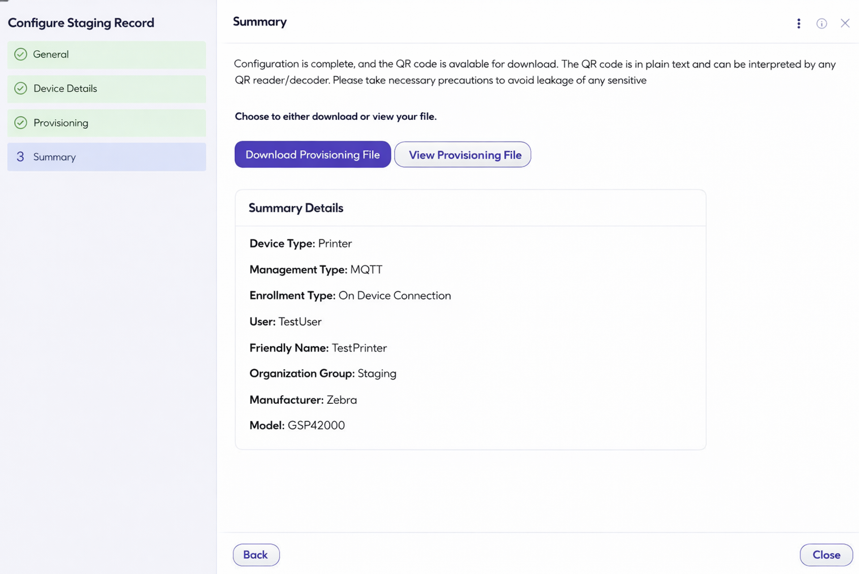 Summary page displaying all the selected fields and an option to download and view the provisioning file Summary page displaying all the selected fields and an option to download and view the provisioning file