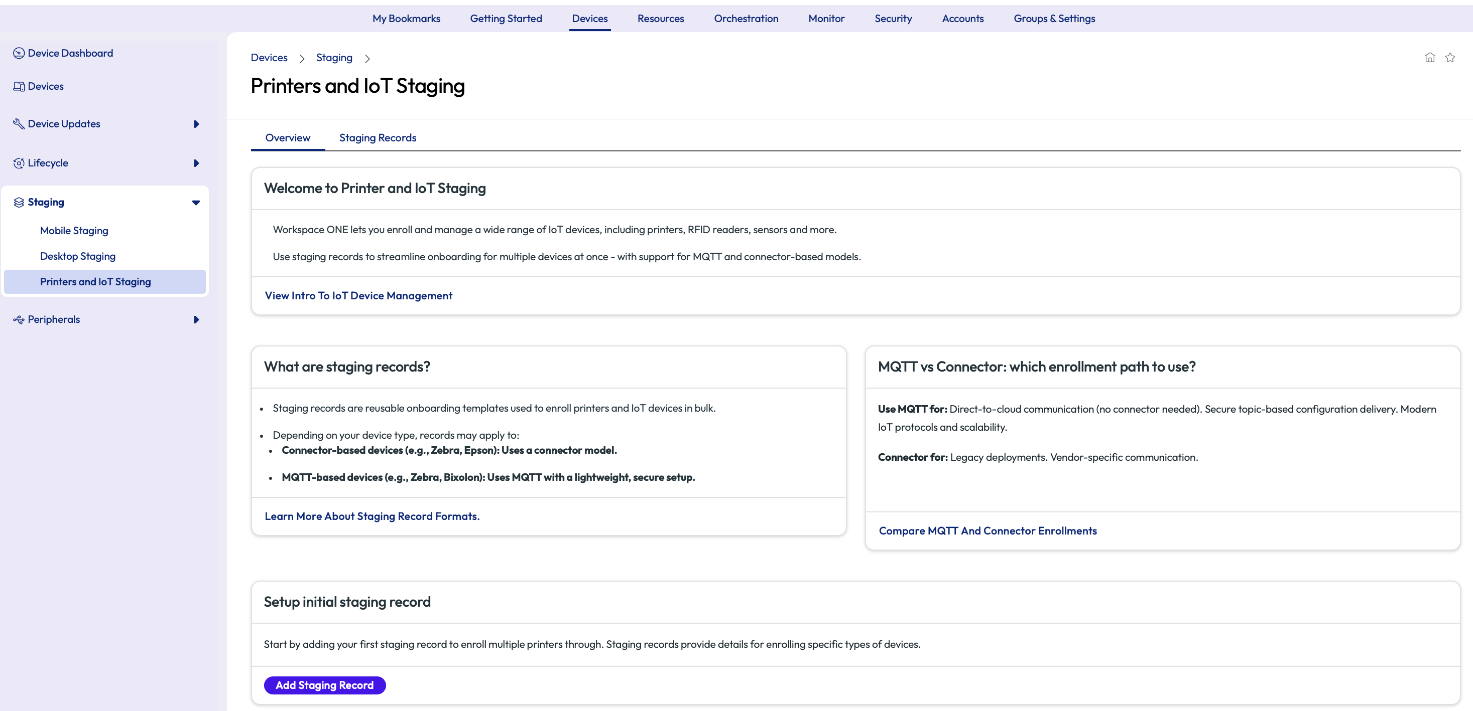 Printers and IoT staging page displaying staging records. Printers and IoT staging page displaying staging records.
