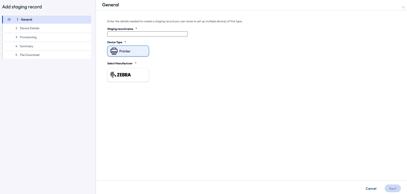 Add staging records page displaying device type and select manufacturer options Add staging records page displaying device type and select manufacturer options