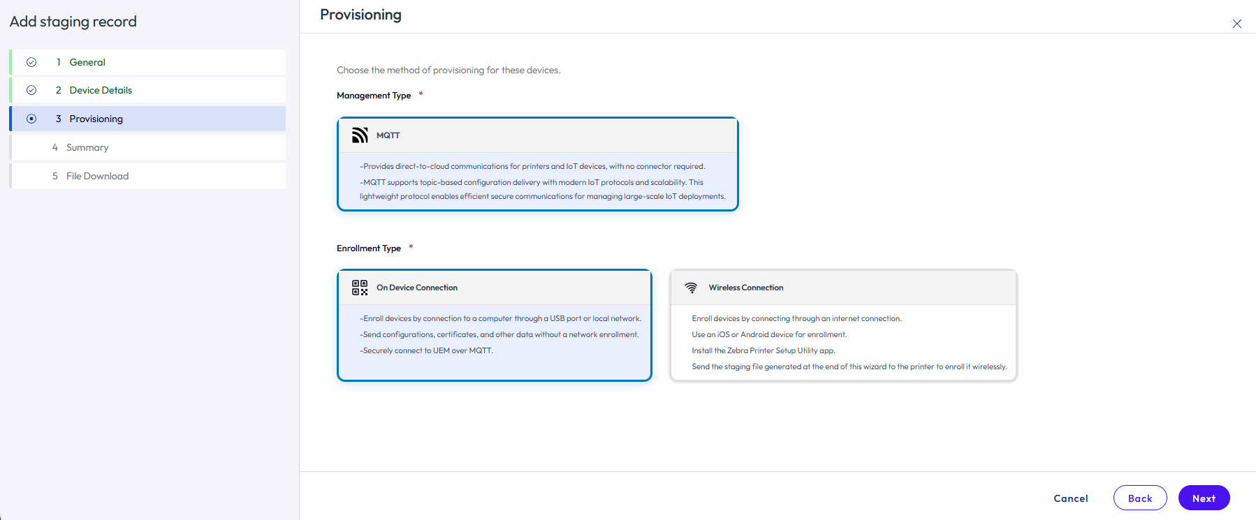 Provisioning page with Management Type selected as MQTT Provisioning page with Management Type selected as MQTT