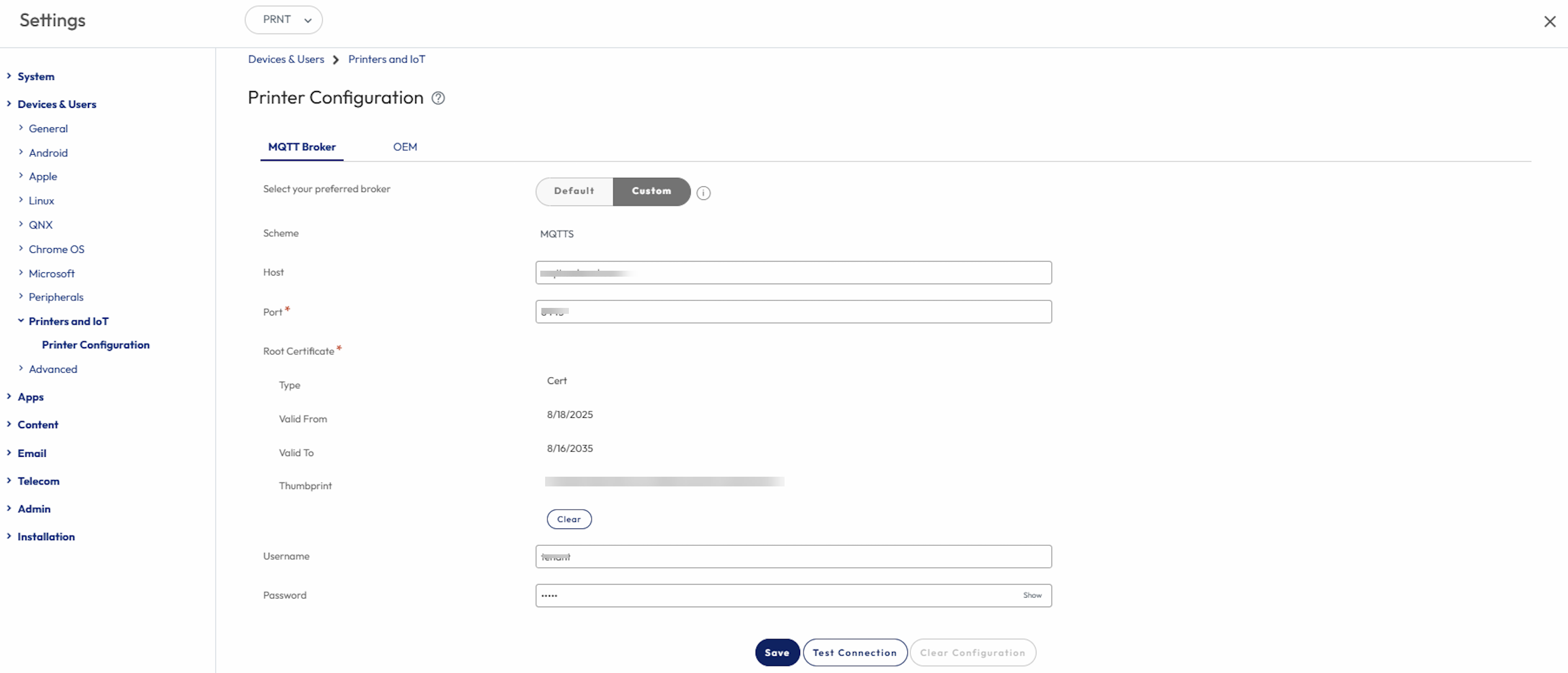 OEM Registration page displaying the Zebra Printer Configuration is enabled for Custom settings. OEM Registration page displaying the Zebra Printer Configuration is enabled for Custom settings.